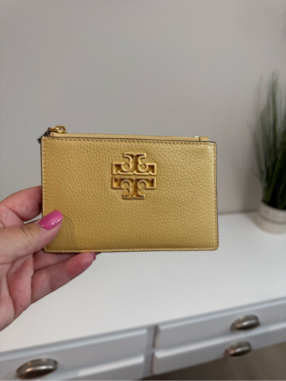 Tory Burch Mustard Yellow Pebbled Leather Zip Card Case